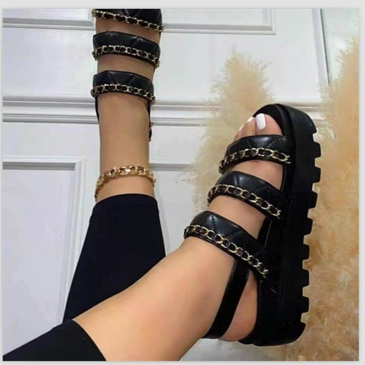 Women Platform Sandals Summer Plus Size Round Toe Metal Chain Casual Sandals