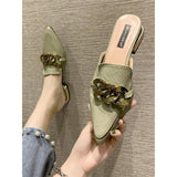 Finn Chain Pointed Toe Mule Spring and Autumn Lazy Pump Half Slippers Low Heel Slippers Mules Shoes