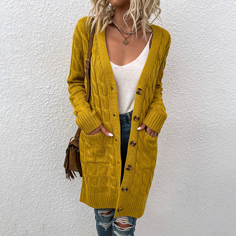 Women Cardigan Knit Sweater Autumn and Winter Long Cable-Knit Sweater Women