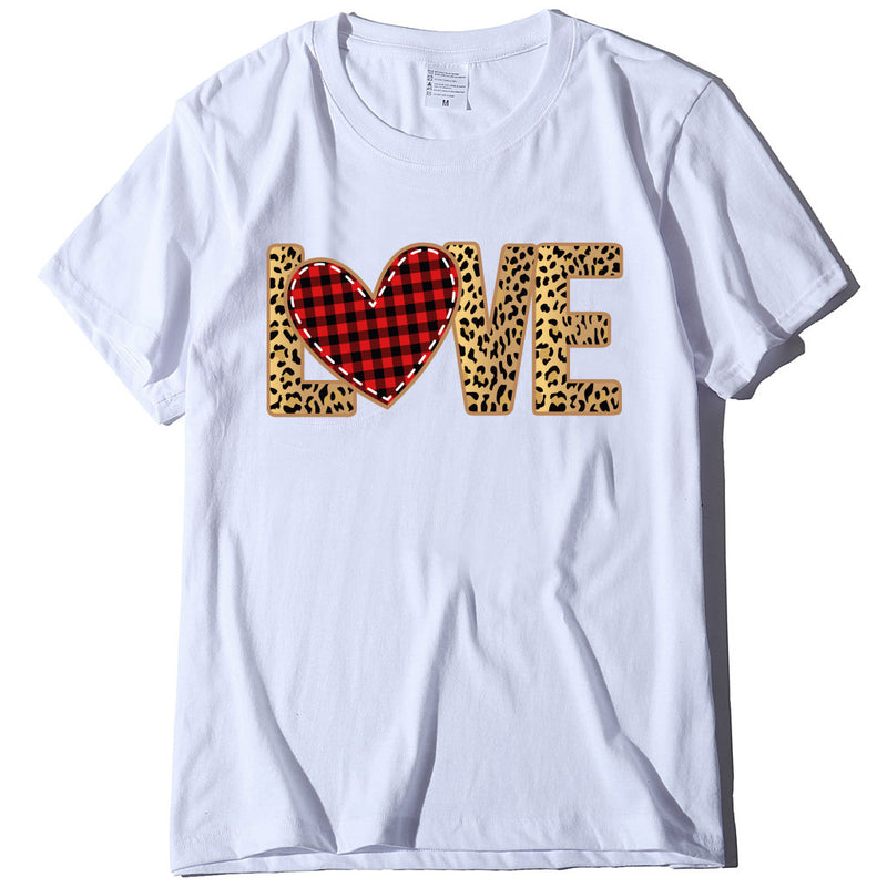 Valentine's Day T Shirt Large Size T-shirt Short Sleeve Leopard Print Love Red Plaid Heart Printing Spring and Summer