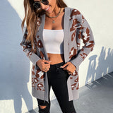 Women's Cardigan Knit Sweater Women's Autumn Winter Sweater Leopard-Print Sweater Cardigan