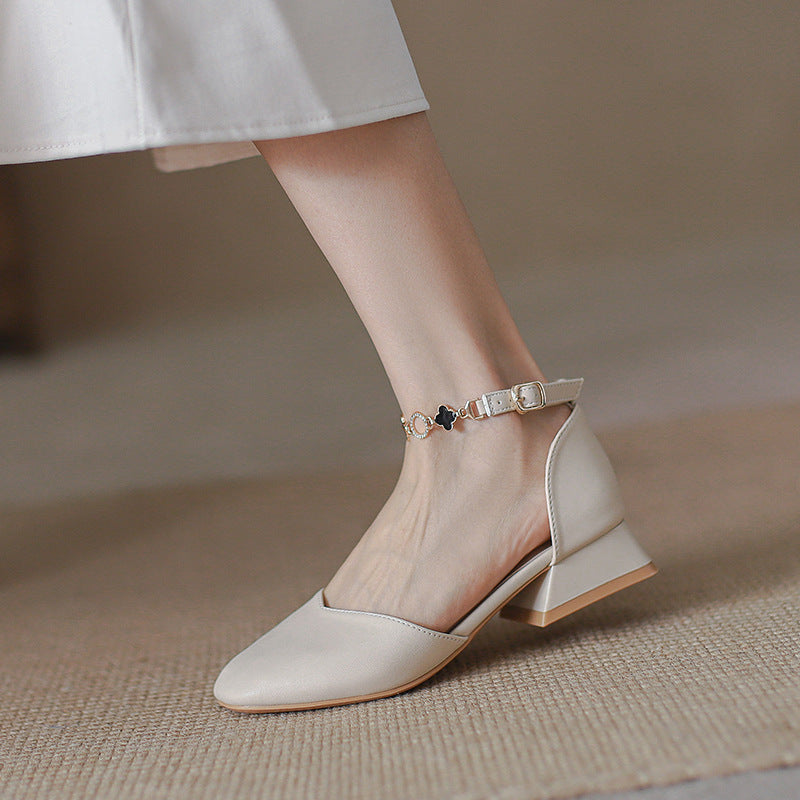 Nude Low Block Heel Word Strap Chunky Heel Shoes