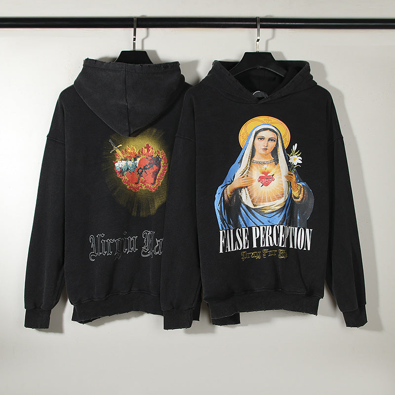 Kanye West Sunday Service Hoodie Virgin Heart Printing Cut And Destroyed Old Retro Hooded Sweater