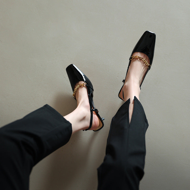Nude Low Block Heel Small Stiletto Heel Patent Leather High Heel Square Toe Cap