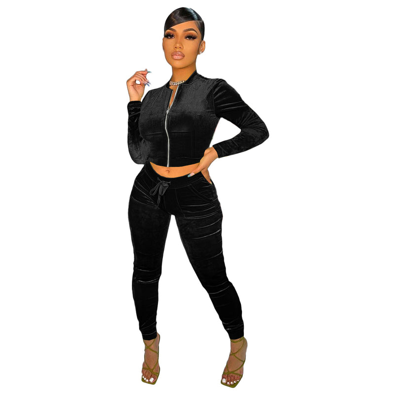 Velour Tracksuit Velvet Fabric Pocket Zipper Leisure Sports Suit