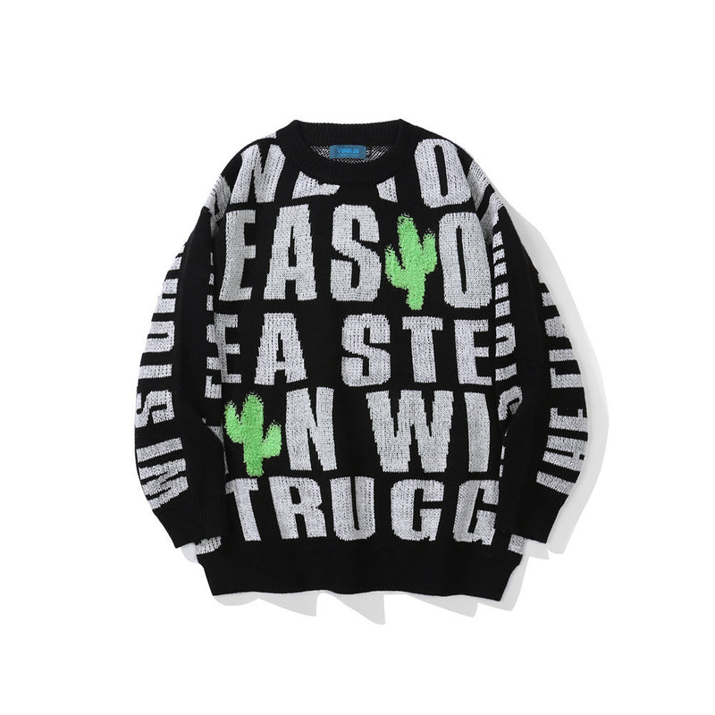 Men Sweater Letter Jacquard Sweater Men's Trendy Pullover