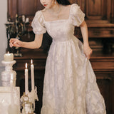 Coachella Music Festival Outfits Summer Women's Dress White Jacquard Square Collar Puff Sleeve