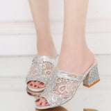 High Heels Women Summer Lace Sequined Mid Heel Peep Toe Sandals