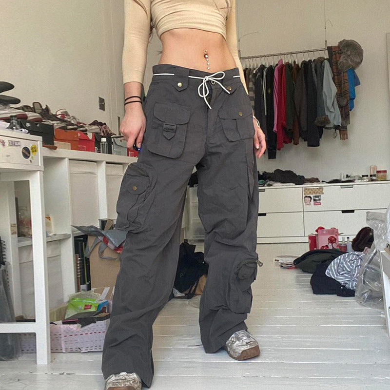 Julia Fox Low Rise Jeans Multi-Pocket Button Overalls Low Waist Hot Girl Wide Leg Jeans