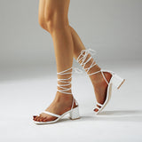 White Strappy Heels Women's Shoes Thick High Heel Toe Covering Lace-up Outdoor Sandals