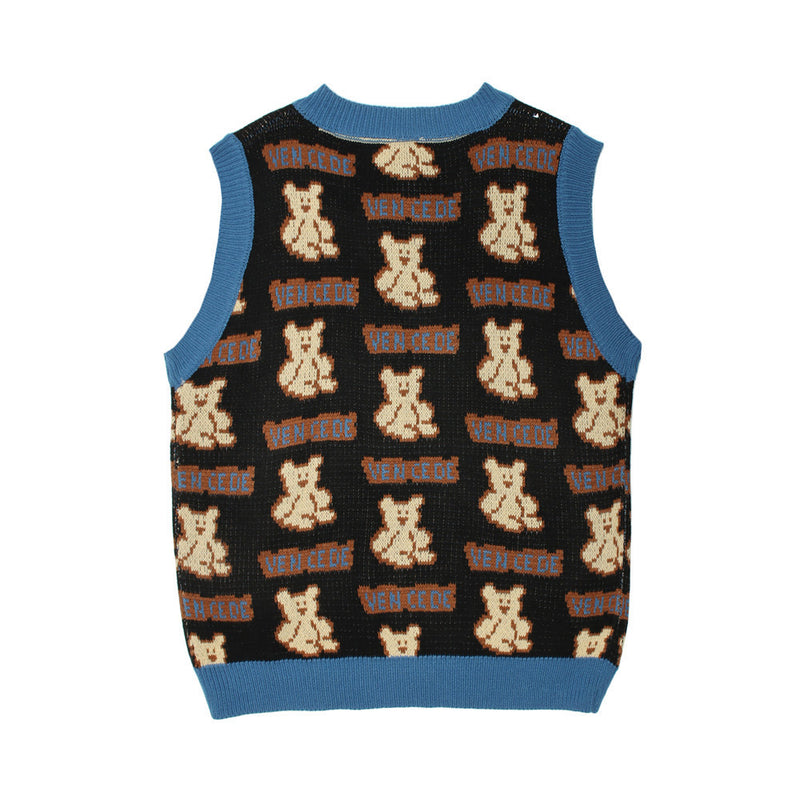 Men Sweater Cartoon Bear Jacquard Sleeveless Sweater Vest Men's Vest Coat