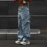Julia Fox Low Rise Jeans Women's Fashion Blue Big Pocket Profile Jeans Loose Cargo Pants