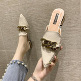 Finn Chain Pointed Toe Mule Slippers Female Summer Outer Wear Pointed Toe Pump Mid Heel Slippers