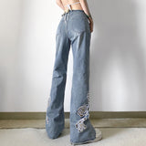 Julia Fox Low Rise Jeans Hollow Embroidered Flowers Burrs Slimming Bootcut Trousers
