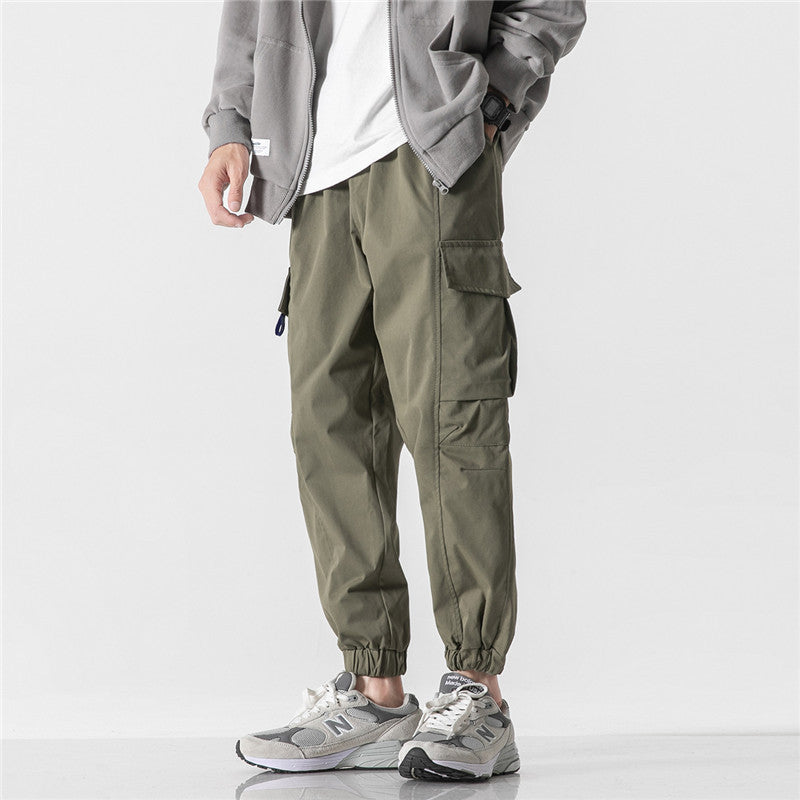 Man Fall Outfis Autumn Simple Solid Color Personalized Pocket Overalls Boys Loose-Fit Tappered Trousers