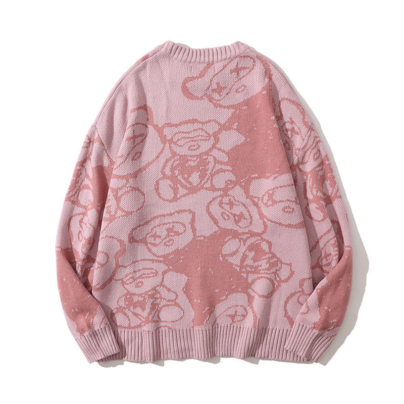 Men Sweater Cartoon Bear Jacquard Sweater Men's Street Fashion round Neck Sweater