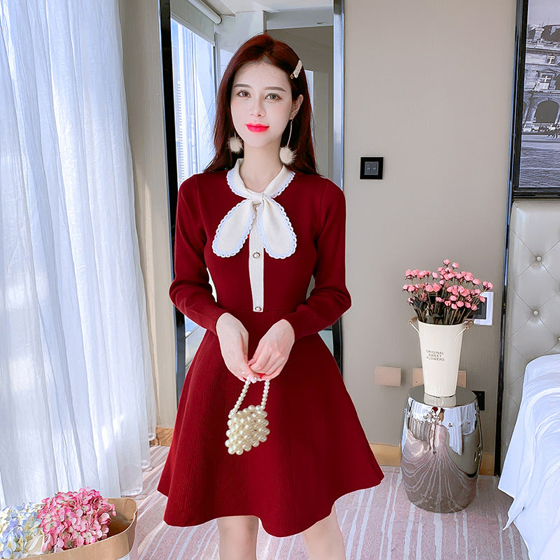 Maxi Burgundy Dress Formal Autumn and Winter Knitted Dress Women's Long Sleeve Pullover Sweater Skirt