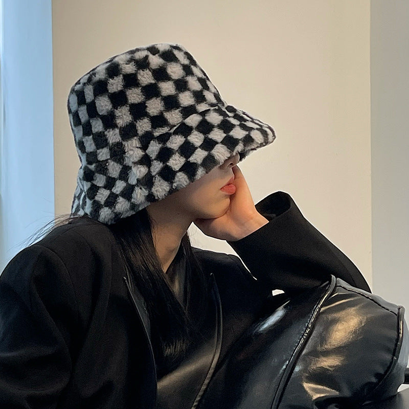 Vintage Check Bucket Hat Checkerboard Plush Plaid Bucket Hat