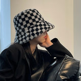 Vintage Check Bucket Hat Checkerboard Plush Plaid Bucket Hat