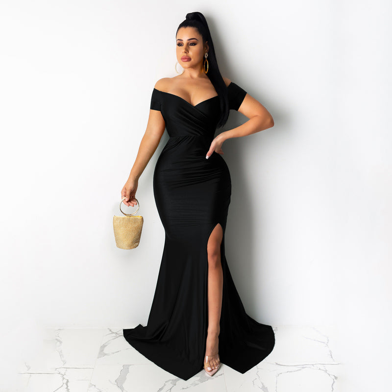 Kendall Jenner Wedding Guest Dress Sexy Nightclub V-neck Formal Dress Solid Color Large Slit Dress Short Sleeve