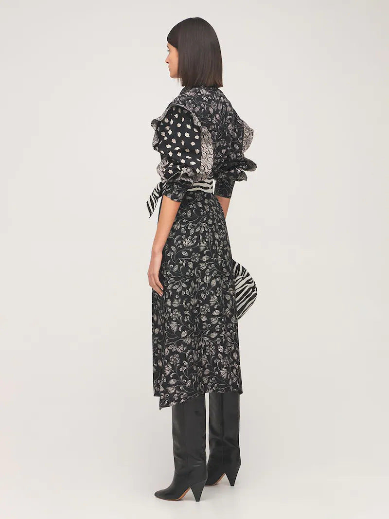Kendall Jenner Wedding Guest Dress Retro Versatile Small Stand Collar Temperament High Waist Long Sleeve Mid-Length Ruffled