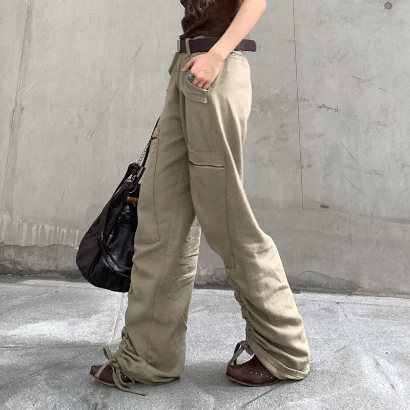 Julia Fox Low Rise Jeans Irregular Leg Drawstring Straight Hot Girl Pure Color All-Matching