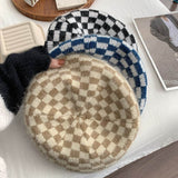 Vintage Check Bucket Hat Chessboard Knitted Beret