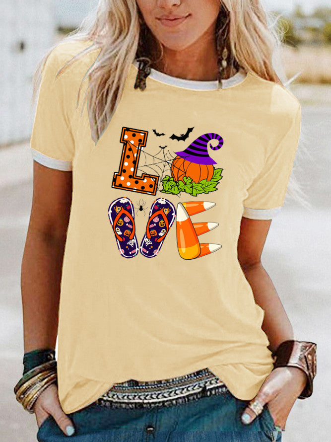 Halloween Costumes Love Pattern Print Contrast Color Short Sleeve T-shirt