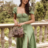 Kendall Jenner Wedding Guest Dress Floral Dress Slit One-Step Skirt Square Collar Puff Sleeve