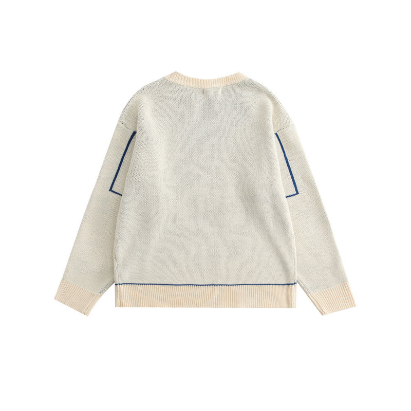 Men Sweater Cartoon Bear Embroidery Sweater Men's Street Trend Loose round Neck Sweater