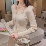 Long Sleeve Burgundy Dress Formal Knitted Dress for Women Autumn and Winter Sweet Slim Fit Bottoming Skirt