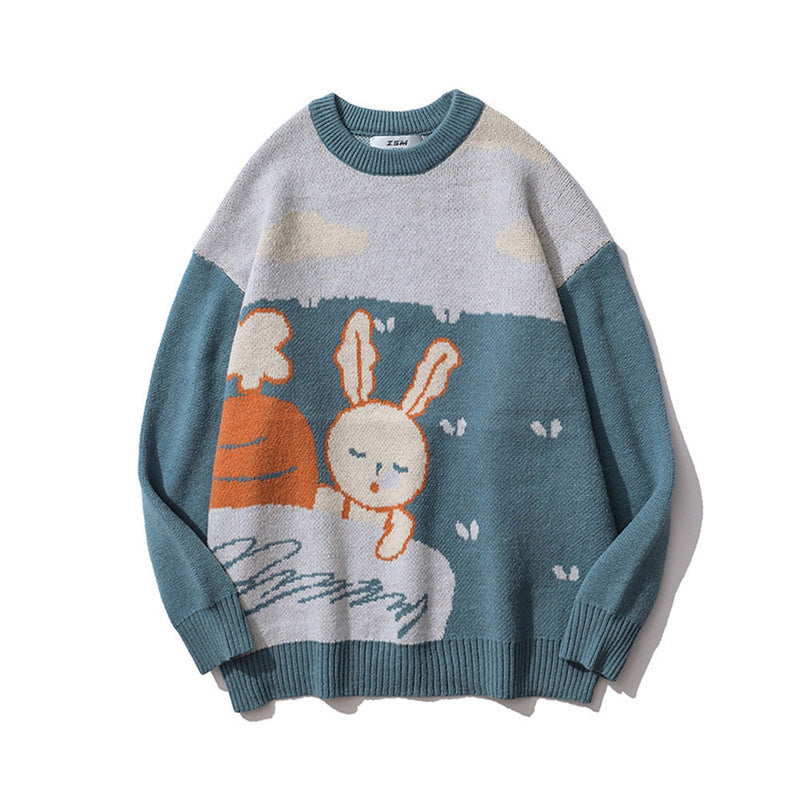 Men Sweater Cartoon Jacquard Color Matching Sweater Men's Loose Pullover