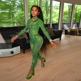 Fall Women's Clothing Fashion Printed High Waist Tight Long Sleeve Hip Lifting Sport Fitness Jumpsuit