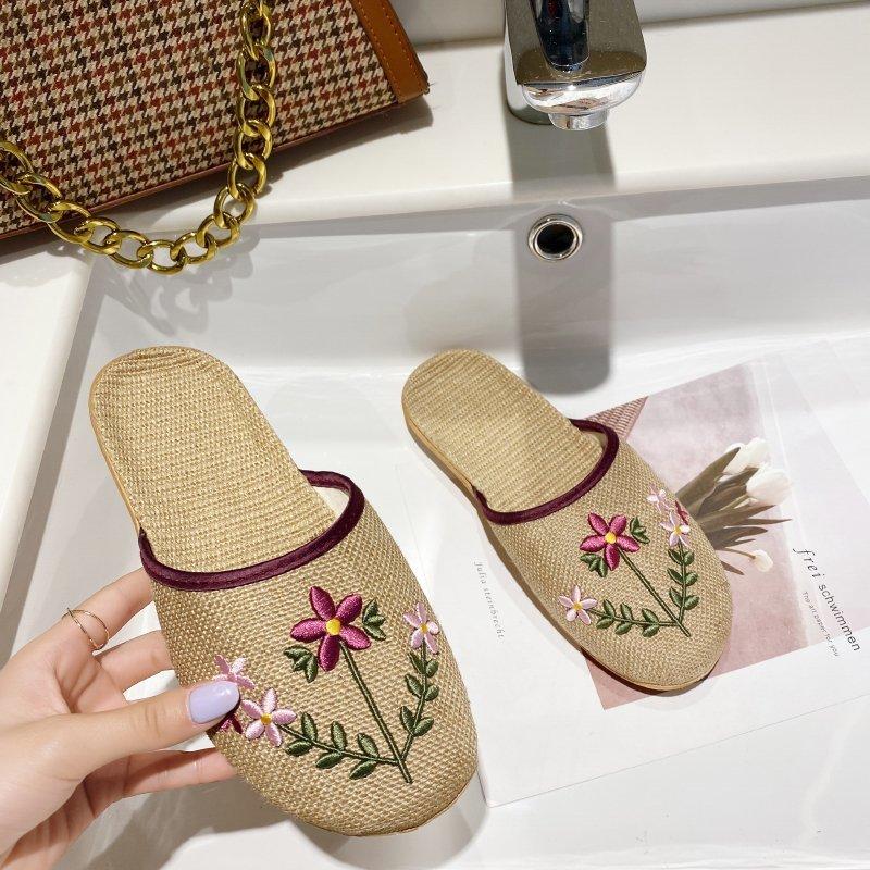Women Open Toe Sandals Flats Large Size Summer Embroidered Linen Leisure Home Flat Slippers
