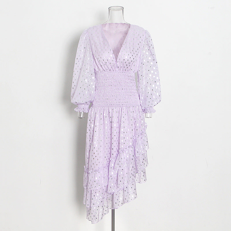 Mauve Dress Bridesmaid Autumn Dress V-neck Long-Sleeved High Waist Fashion Midi Dress for Women