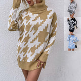 Women Pullover Knit Sweater Women's Autumn and Winter Contrast Color Lapel Mid-Length Sweater