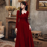 Long Sleeve Burgundy Dress Formal Burgundy Autumn Long Sleeve Square-Neck A- line Skirt