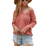 Women Pullover Knit Sweater Autumn and Winter Knitwear Solid Color and V-neck Sweater Women's Top