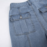 Julia Fox Low Rise Jeans Distressed Blue Line Split Low Waist Drawstring Loose Pockets Stitching Casual Trousers
