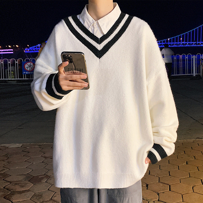 Men's Sweatshirt Fall Winter Men plus Size V-neck Pullover Sweater Loose