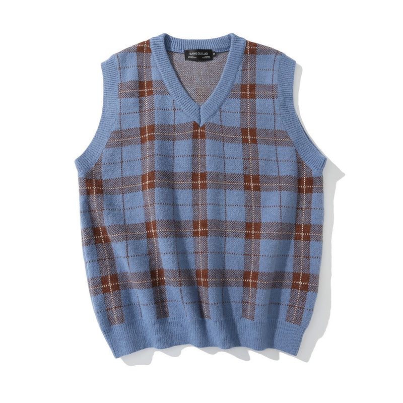 Men Sweater Plaid Sweater Vest Men's Loose Sleeveless Jacket
