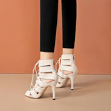White Strappy Heels Fish Mouth Sandal Boots Ankle Boots Stiletto Heel Dancing Shoes