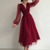Burgundy Dress Formal Dress Women's Vintage Burgundy Lantern Sleeve