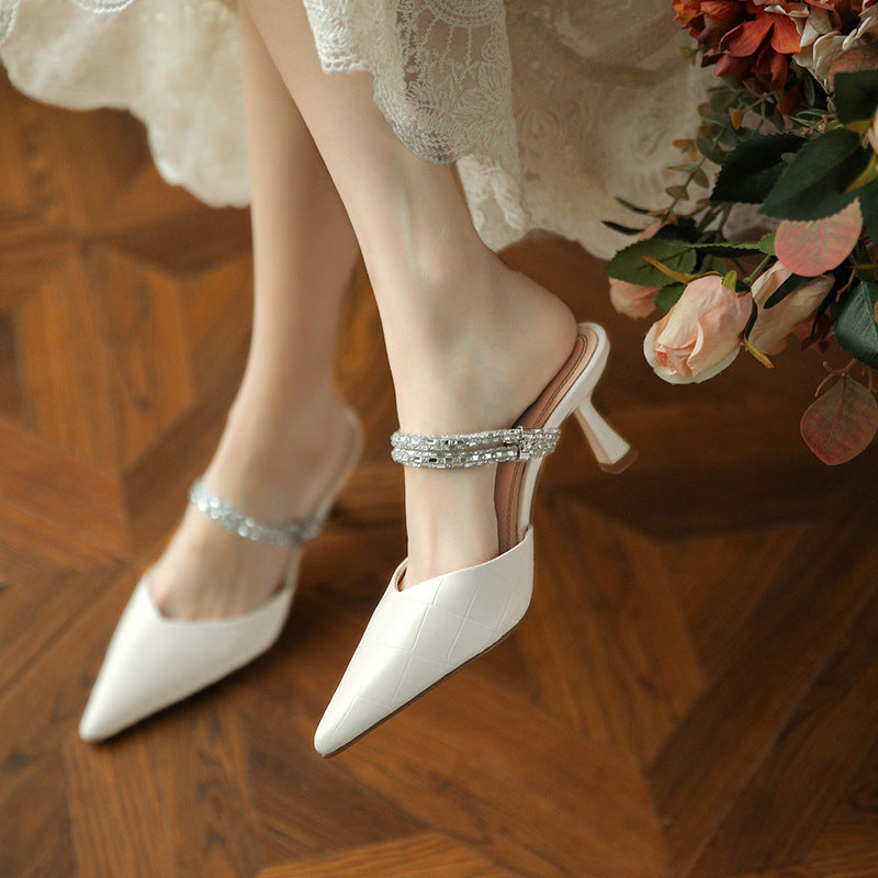 Nude Low Block Heel Stiletto Heel Pointed Toe Rhinestone