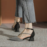 Nude Low Block Heel Pointed Toe Buckle Strap Rhinestone