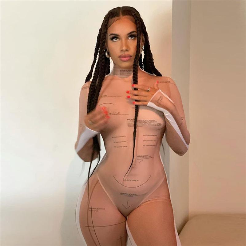 Fall Women's Clothing Sexy Mesh See-through Printed High Waist Tight Casual Sports Jumpsuit