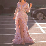 Long Homecoming Dresses Sexy Hip Sequin Pink Mesh Evening Dress