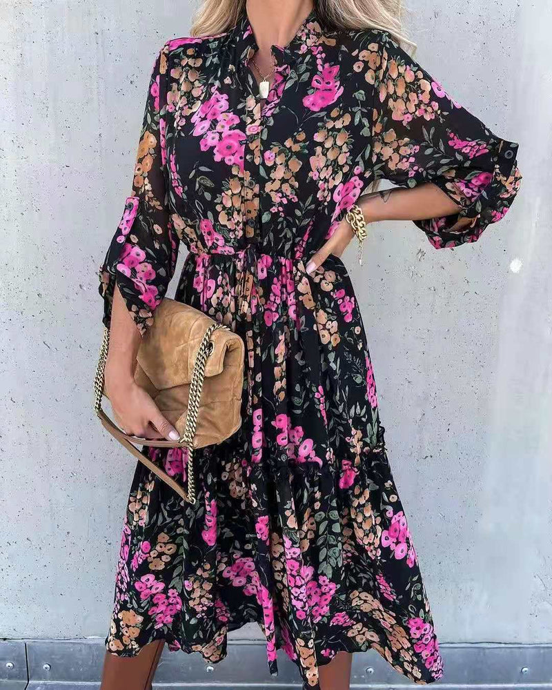 Nine Britton Dress Fashion Printing Asymmetric V-neck Shirt Lace-up