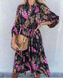Nine Britton Dress Fashion Printing Asymmetric V-neck Shirt Lace-up