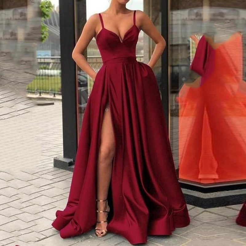 Maxi Burgundy Dress Formal Spring Tube Top Slimming and Simple Floor-Length Banquet Dress